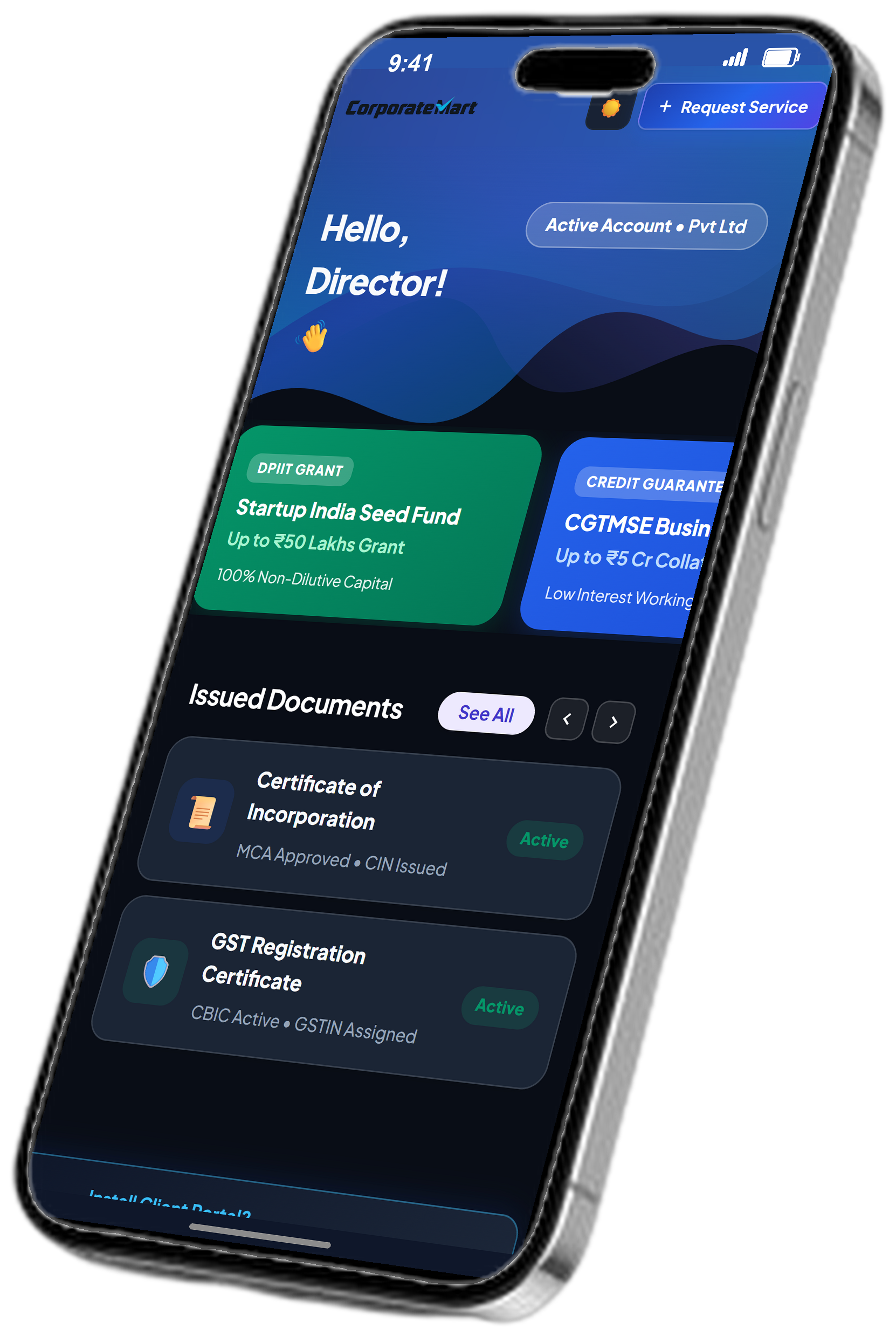 CorporateMart Live Client Dashboard on Mobile